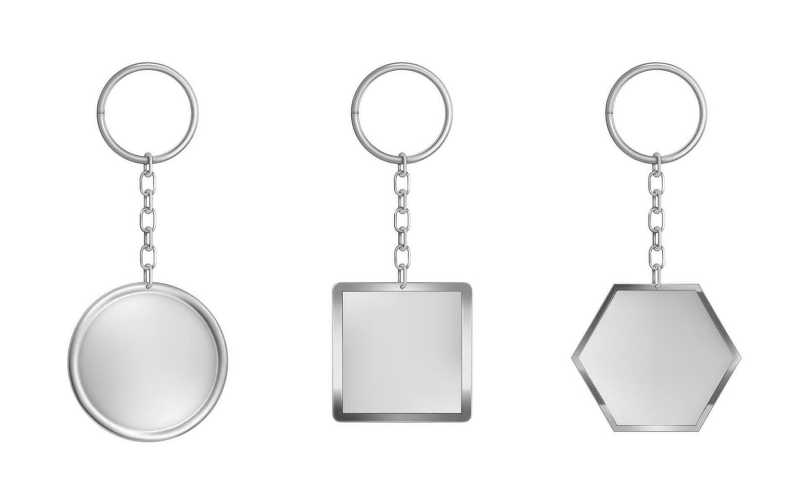 Keychains set. Metal round, square and hexagon vector