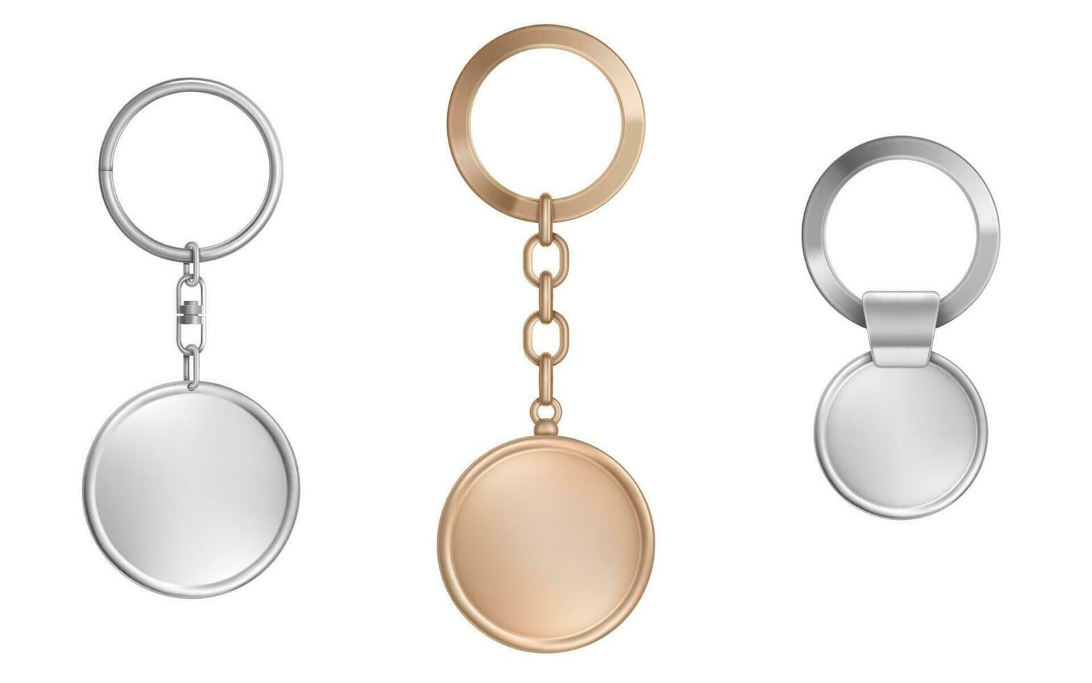 Keychains metal round keyring holders isolated set vector