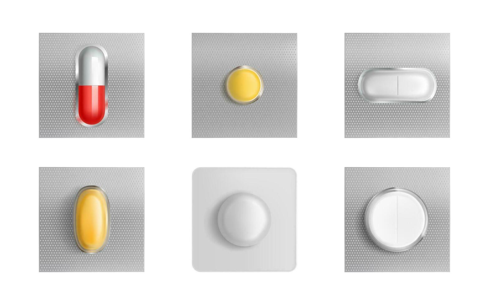 Pills blister pack, medicine tablets and capsules vector