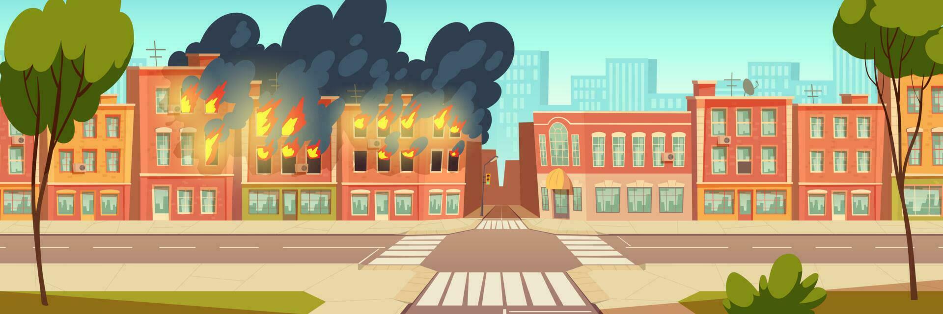 Fire in city house, burning building cartoon vector