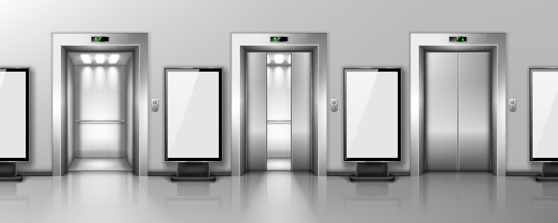 Billboards and elevator doors in office hallway vector