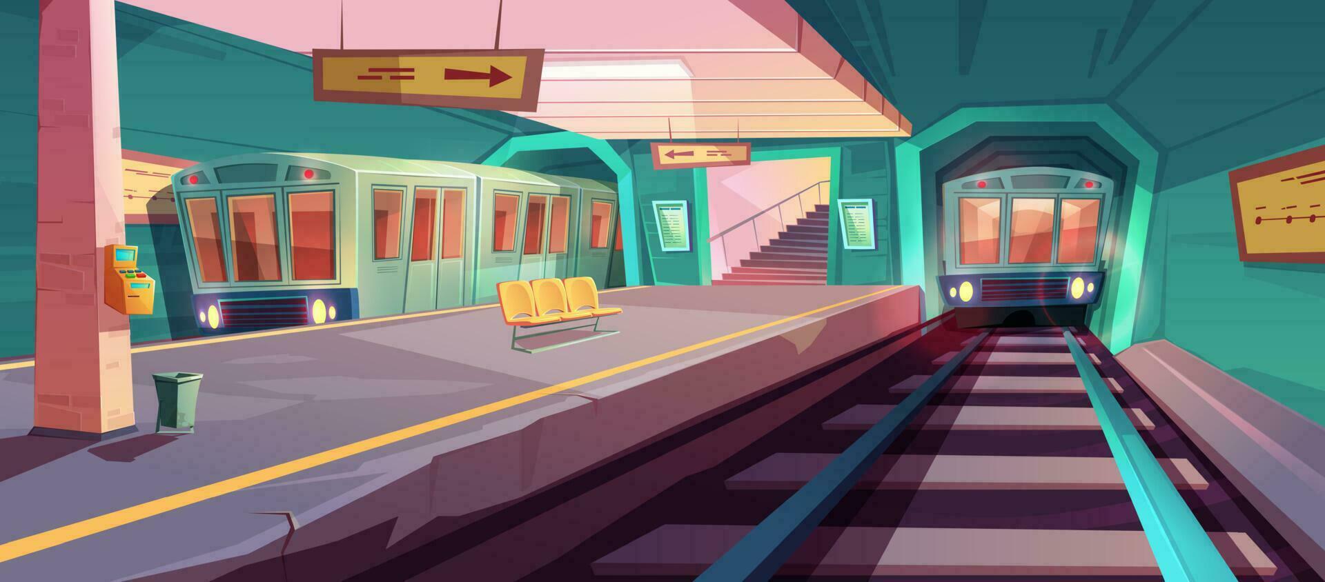 Empty subway platform with arriving trains vector