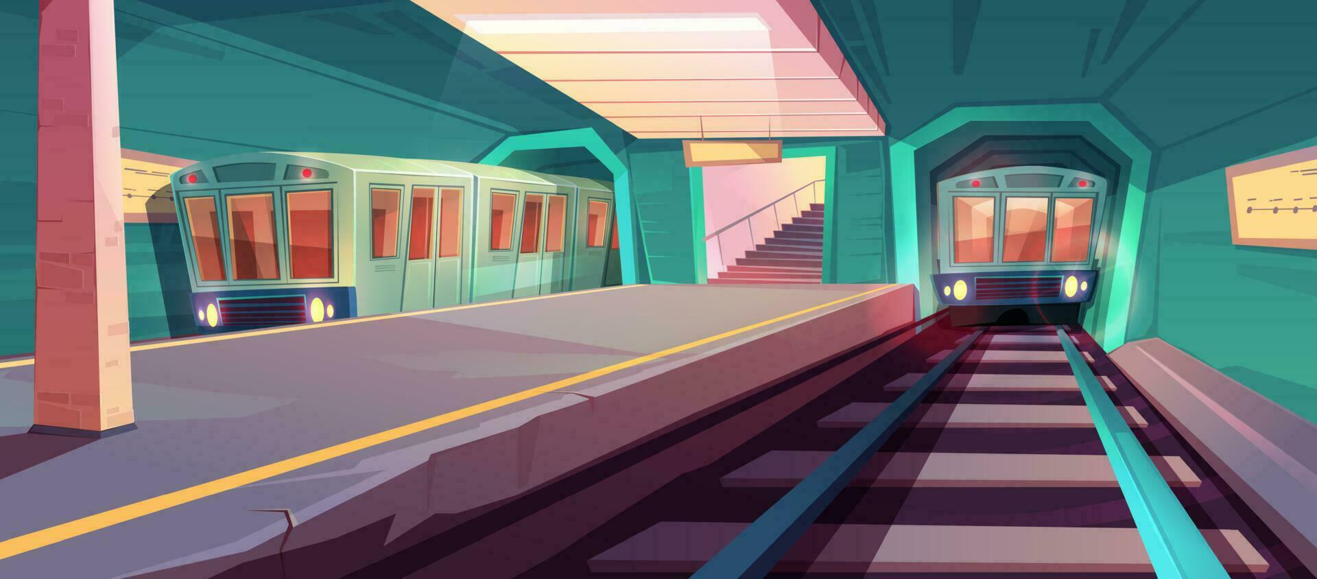 Arriving train to empty subway platform vector