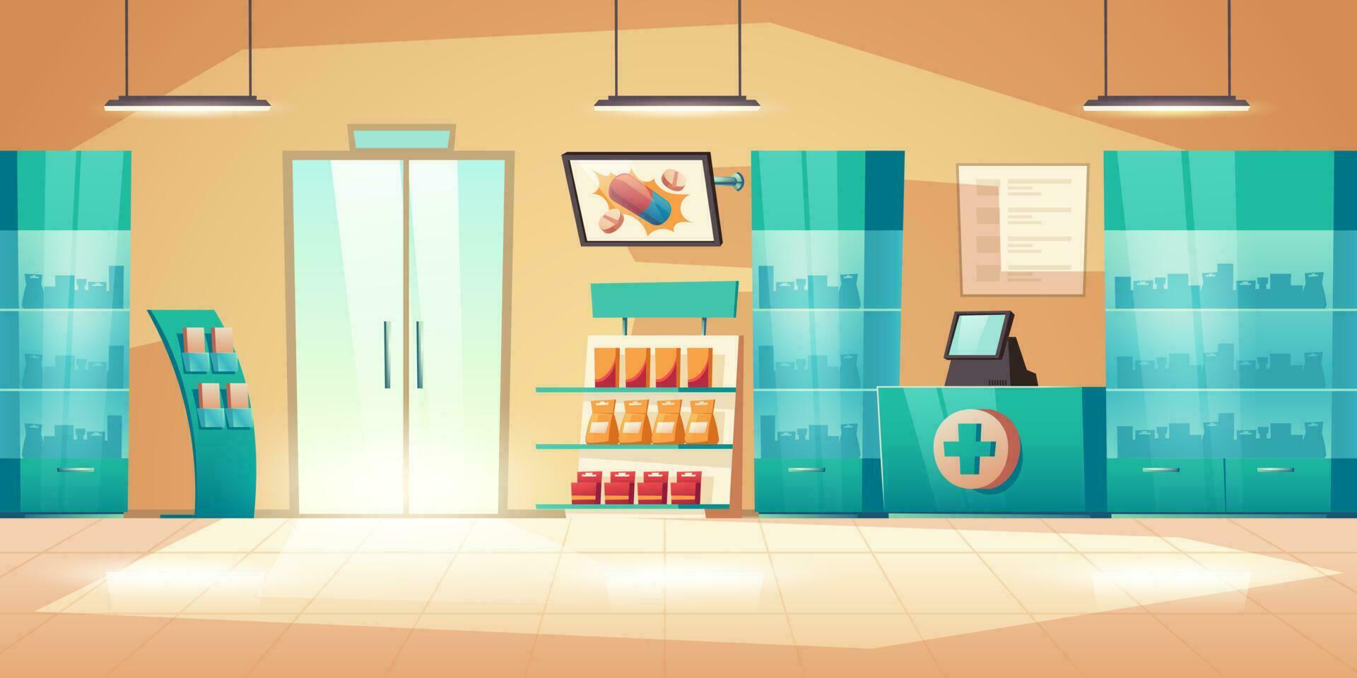 Pharmacy interior with counter, pills and drugs vector