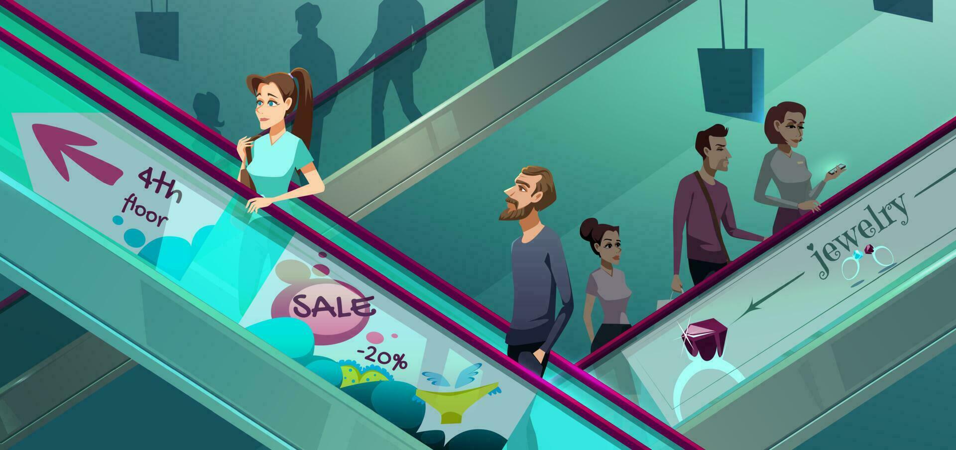 People on escalators in shopping center vector
