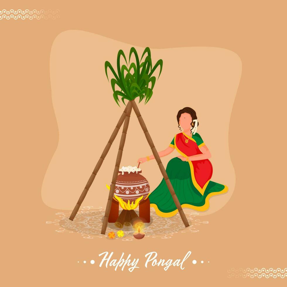 Happy Pongal Concept With South Indian Woman Stirring Rice In Mud Pot And Sugarcanes On Pastel Orange Background. vector