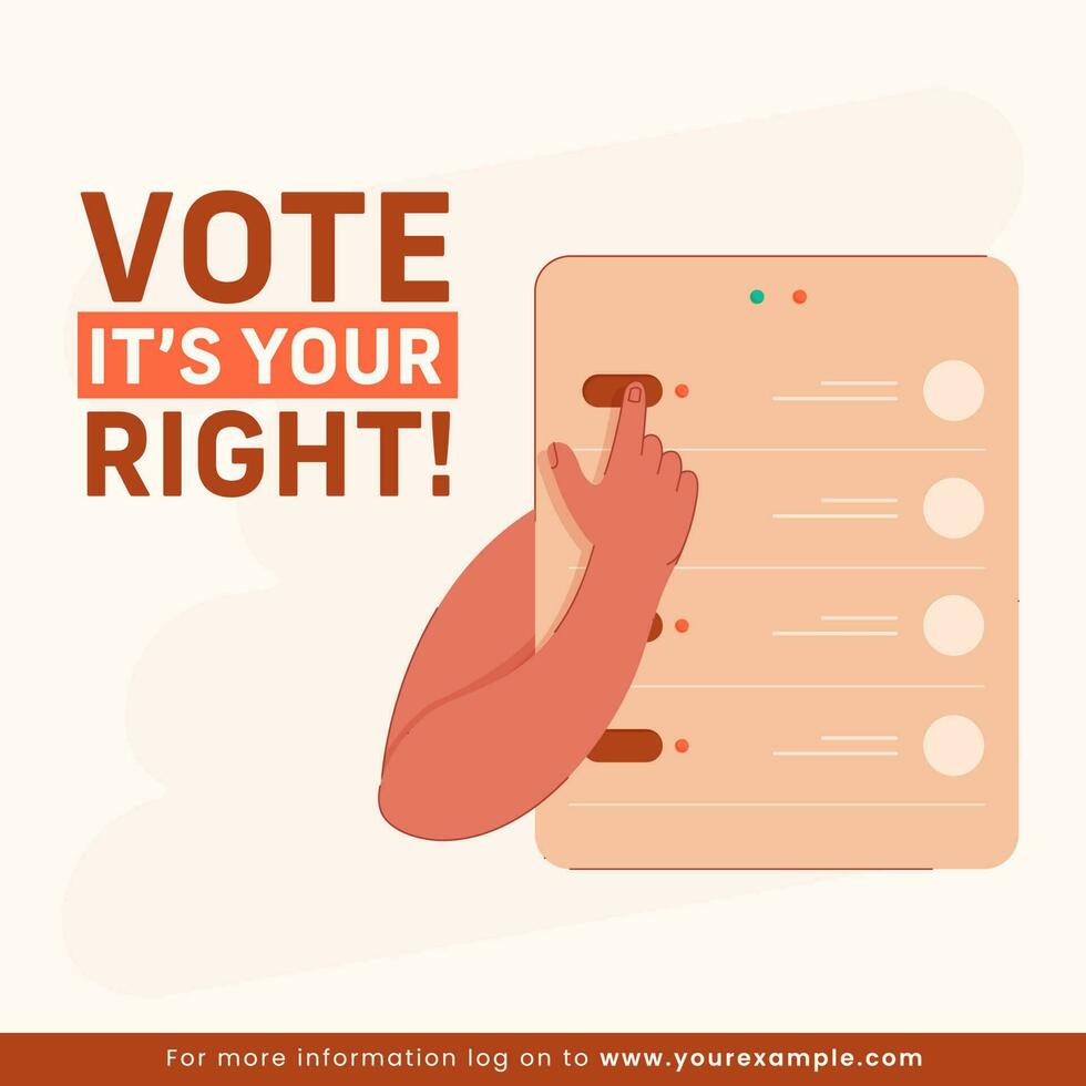 Vote It's Your Right Text With Finger Pressing Button On Voting Machine. Advertising Poster Design. vector