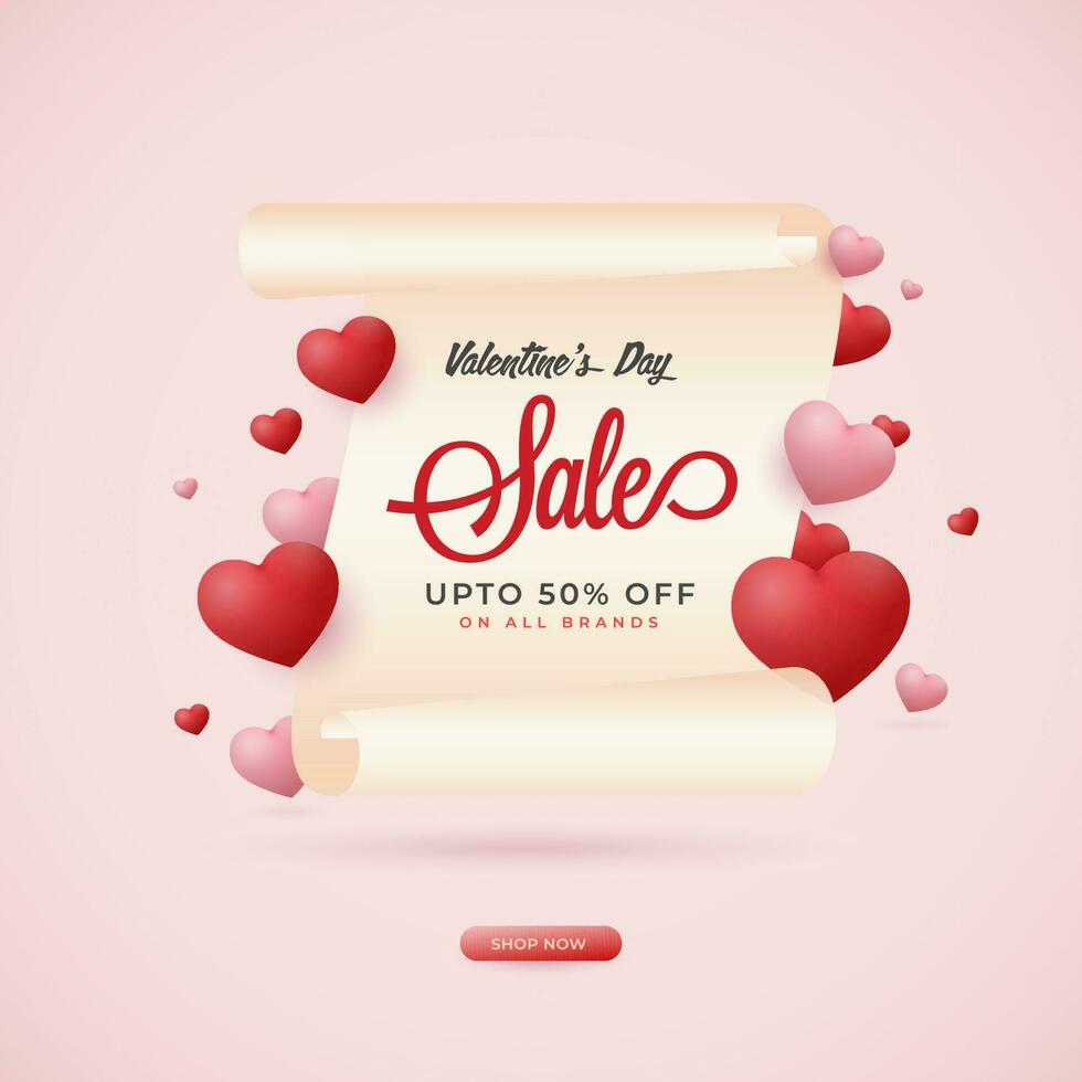 Valentine's Day Sale Poster Design Decorated With Glossy Hearts. vector