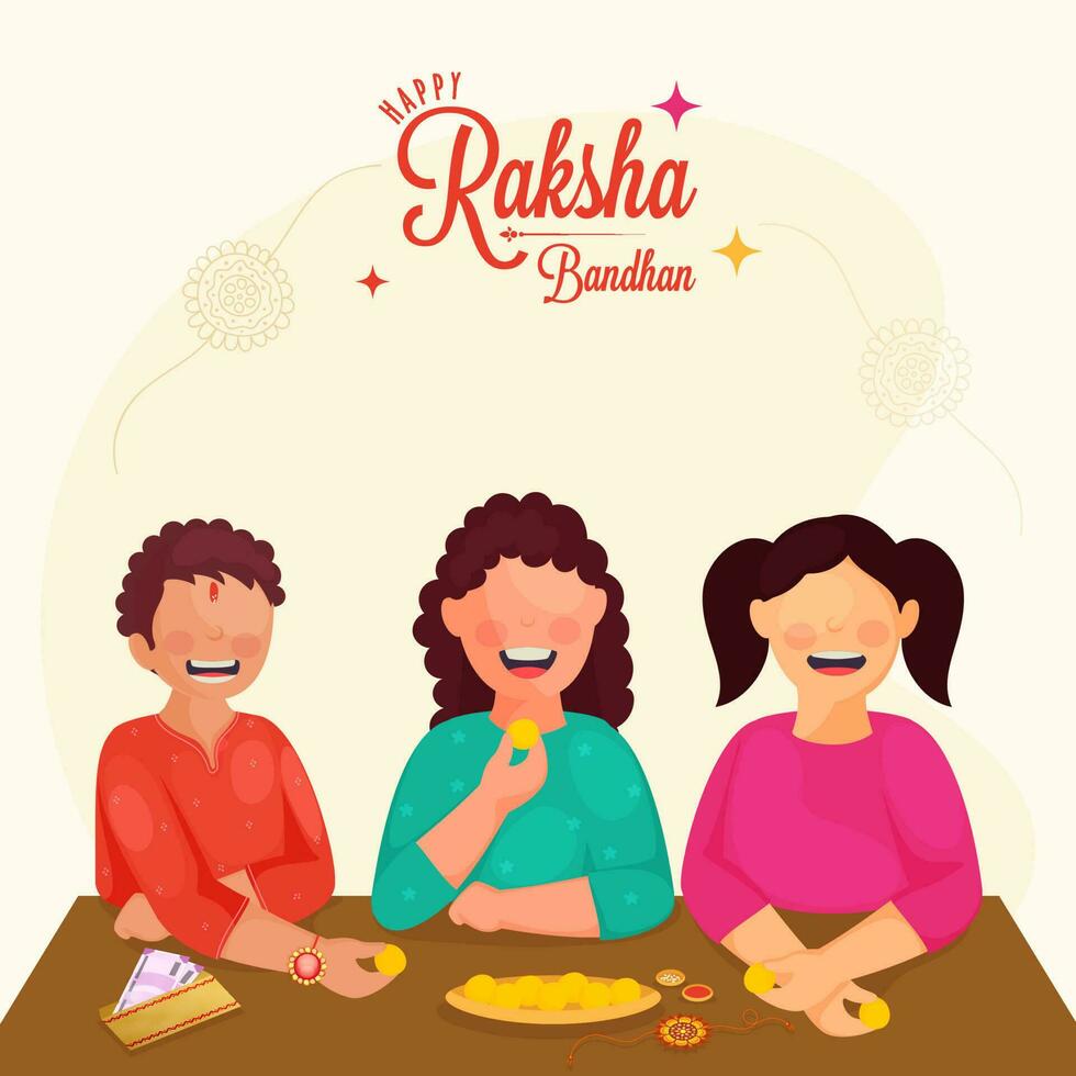 Cheerful Brother And Sisters Enjoying Sweets On The Occasion Of Happy Raksha Bandhan Concept. vector