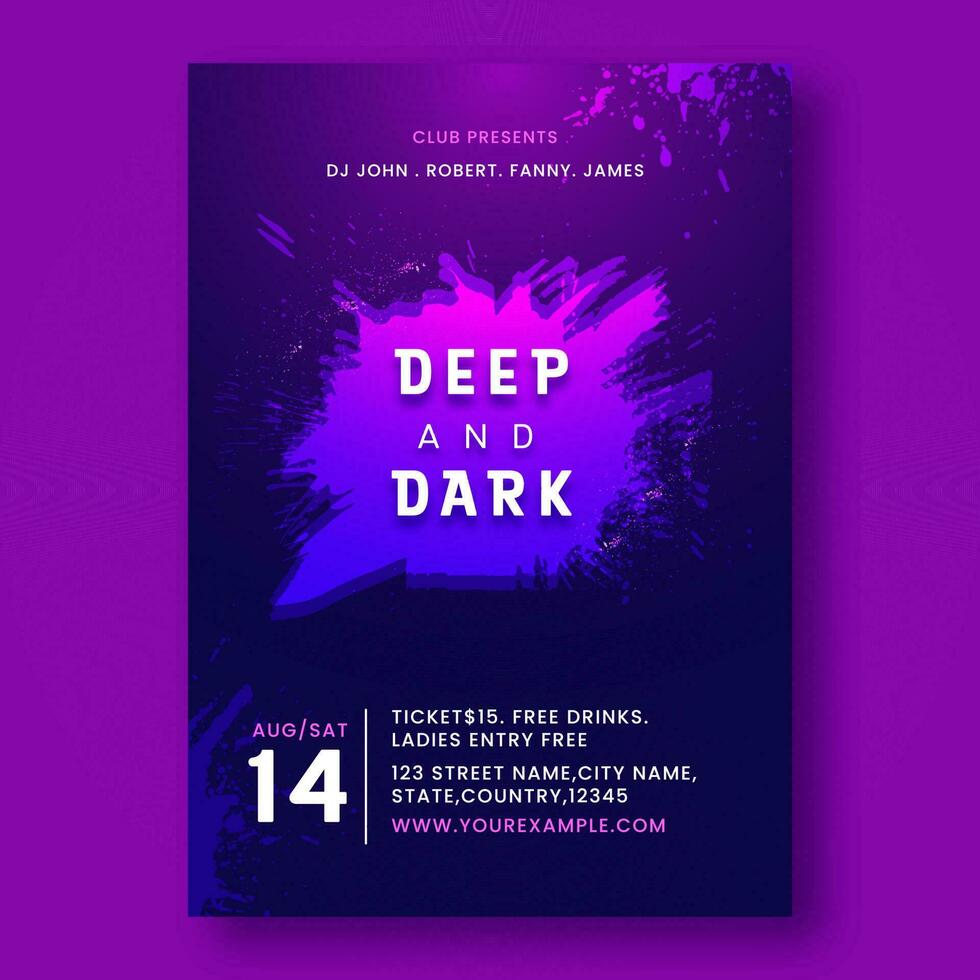 Deep And Dark Party Template Design With Brush Effect In Purple Color. vector