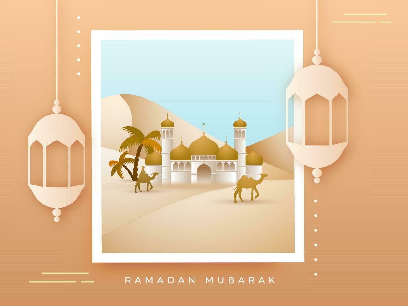 Image Or Frame Of Exquisite Mosque With Desert View And Hanging Lanterns For Ramadan Mubarak Concept. vector