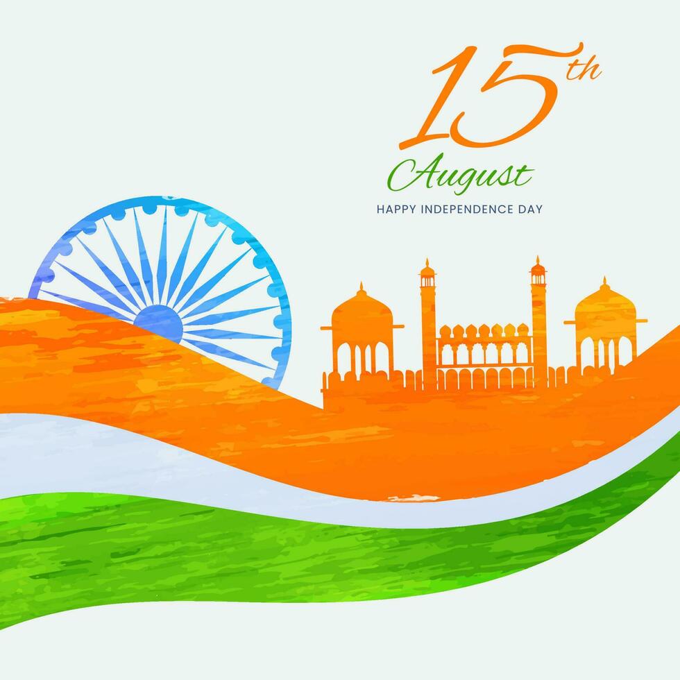 15th August Independence Day Concept With Ashoka Wheel, Red Fort Monument And Grunge Effect Tricolor Wave Over Background. vector