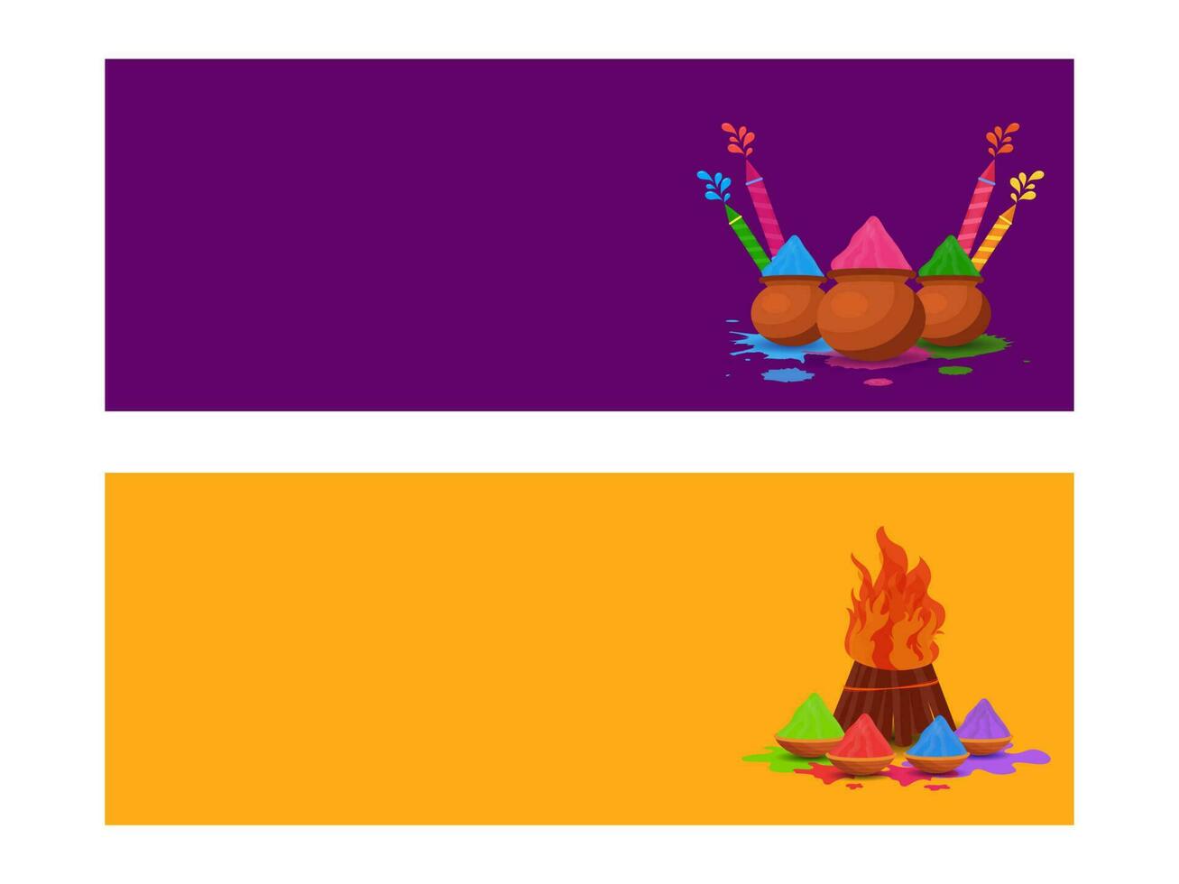 social medios de comunicación encabezamiento o bandera diseño en púrpura y amarillo color con holi festival elementos. vector