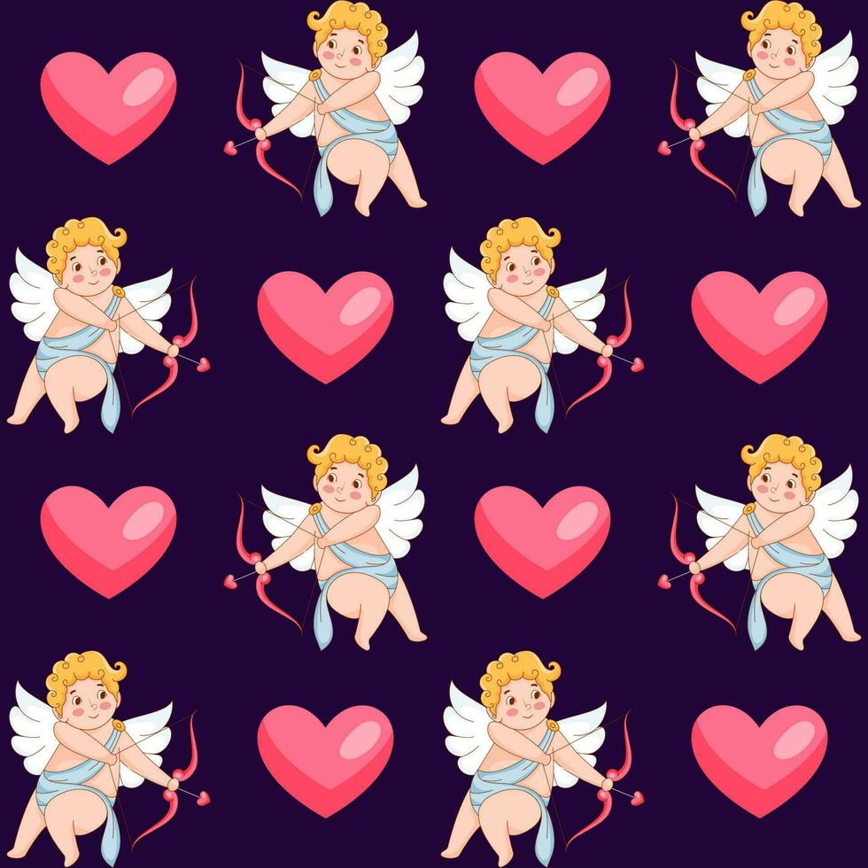 Endless Heart And Cupid Pattern Decorated On Purple Background. vector
