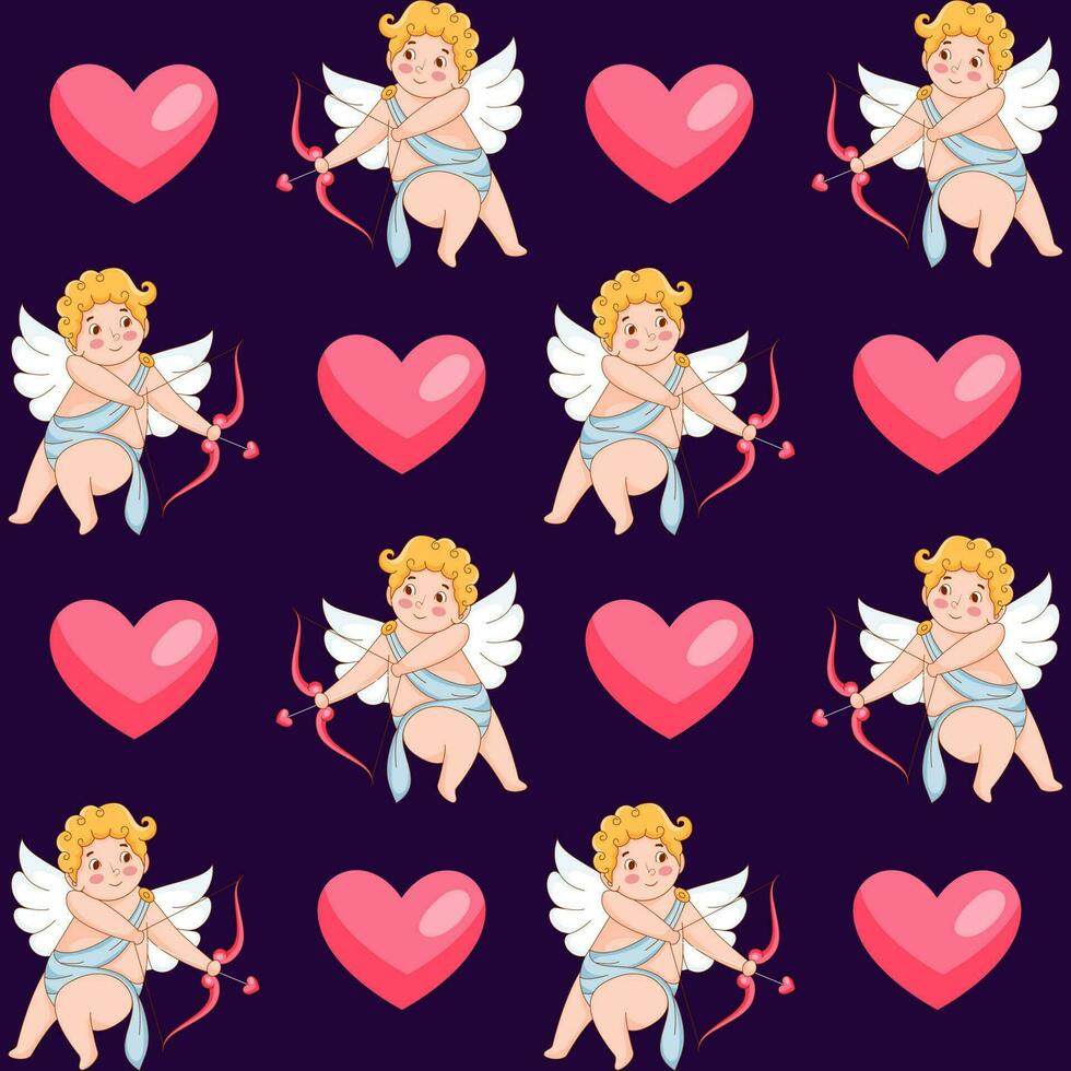 interminable corazón y Cupido modelo decorado en púrpura antecedentes. vector