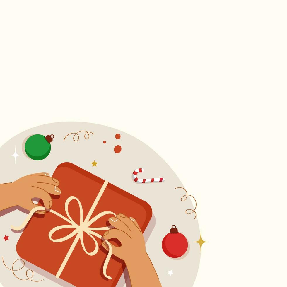 Top View Hand Holding Ribbon Of Gift Box With Baubles, Candy Cane And Copy Space On White Background. vector