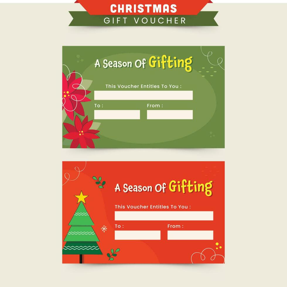 Christmas Gift Voucher Or Card Template Layout In Green And Red Color Options. vector