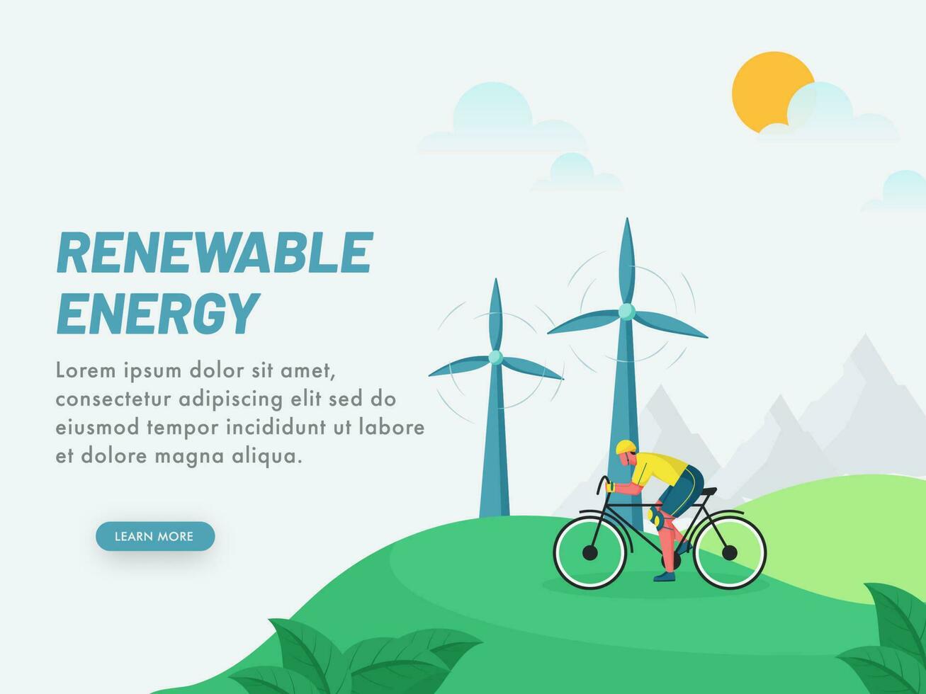 Renewable Energy Concept Based Poster Design With Cartoon Man Riding Bicycle And Windmills On Sun Landscape Background. vector