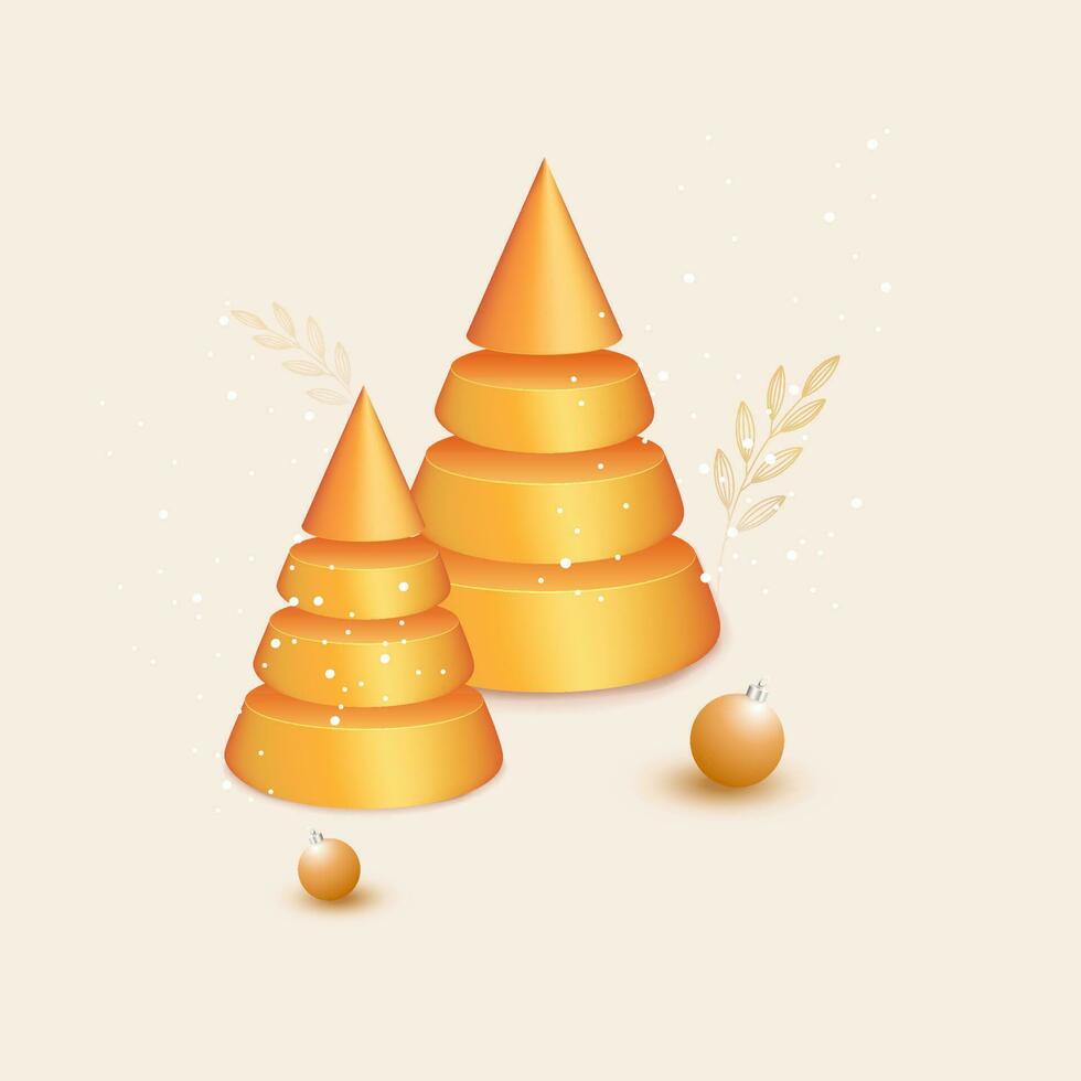 3D Golden Xmas Tree With Baubles On Beige Snowfall Background. vector