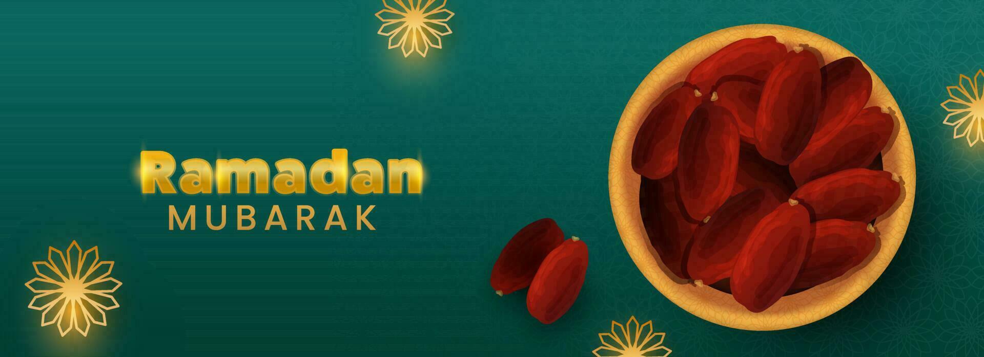 dorado Ramadán Mubarak texto con parte superior ver de fechas cuenco en verde Arábica modelo antecedentes. vector