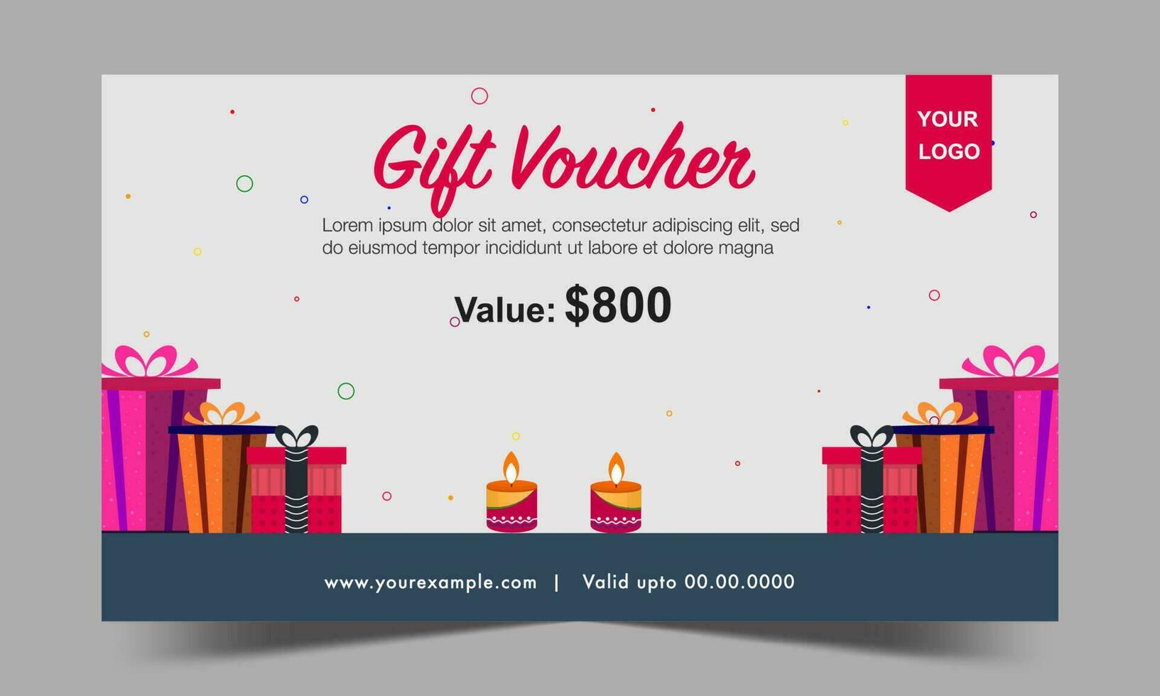 Gift Voucher Template Design With Gift Boxes And Lit Candles In Gray Color. vector