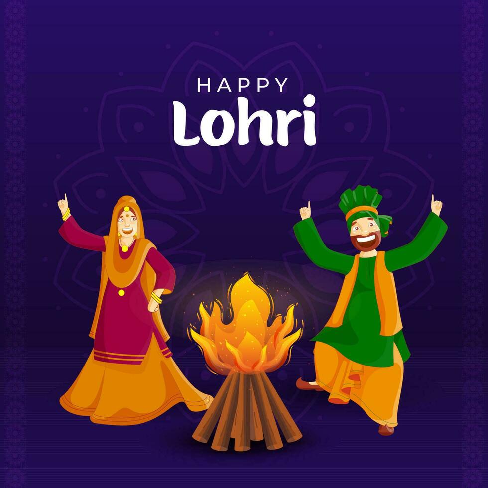 Happy Lohri Celebration Background With Bonfire, Cartoon Punjabi Couple Doing Bhangra Dance. vector