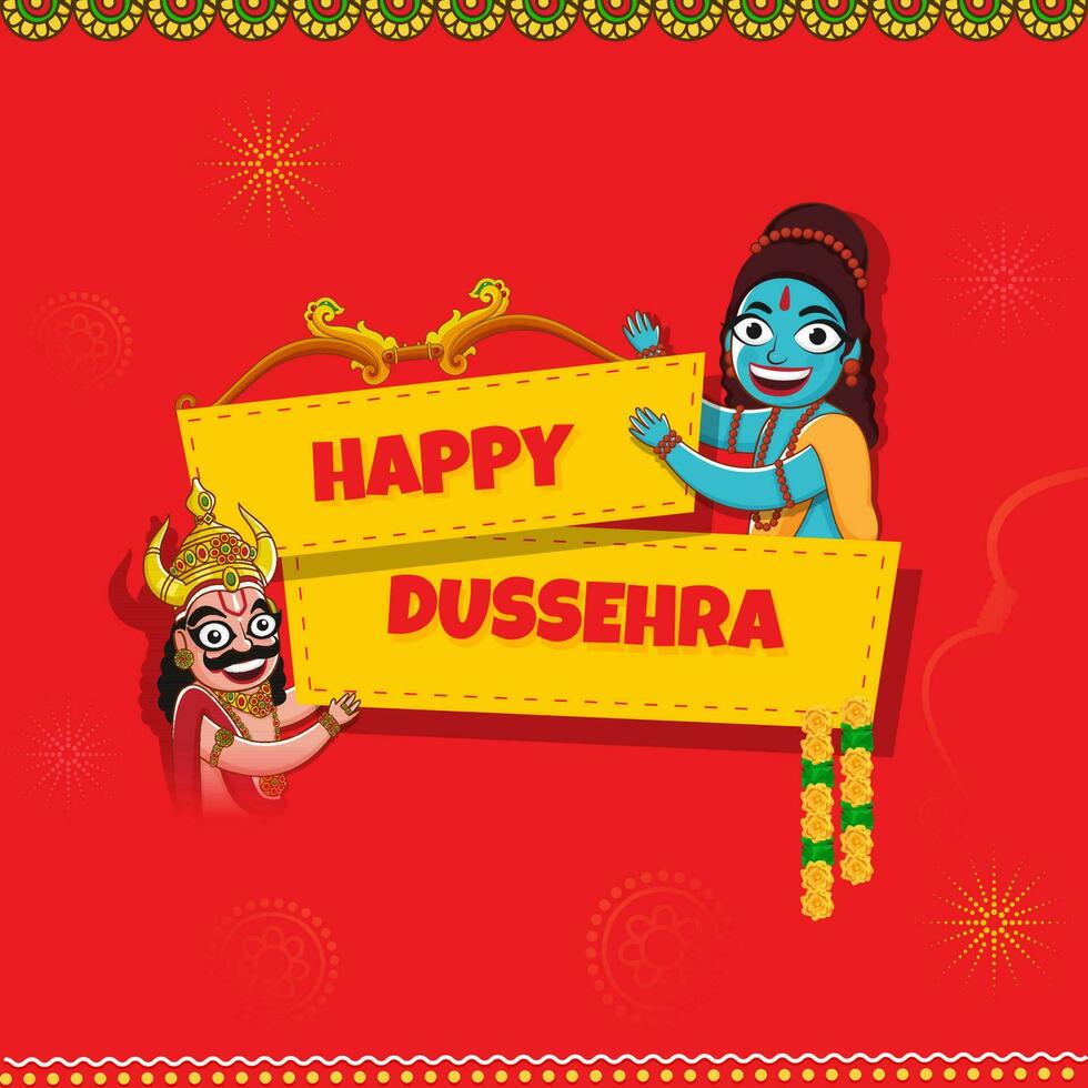 Happy Dussehra Concept With Cheerful Lord Rama And King Ravana Character On Red Background. vector