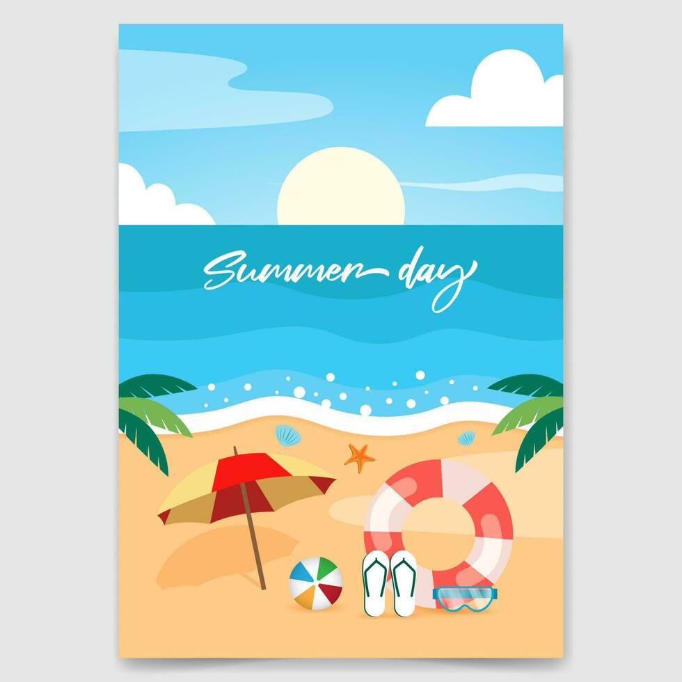 Summer day flyer design with beach and swim equipment and ocean illustration vector