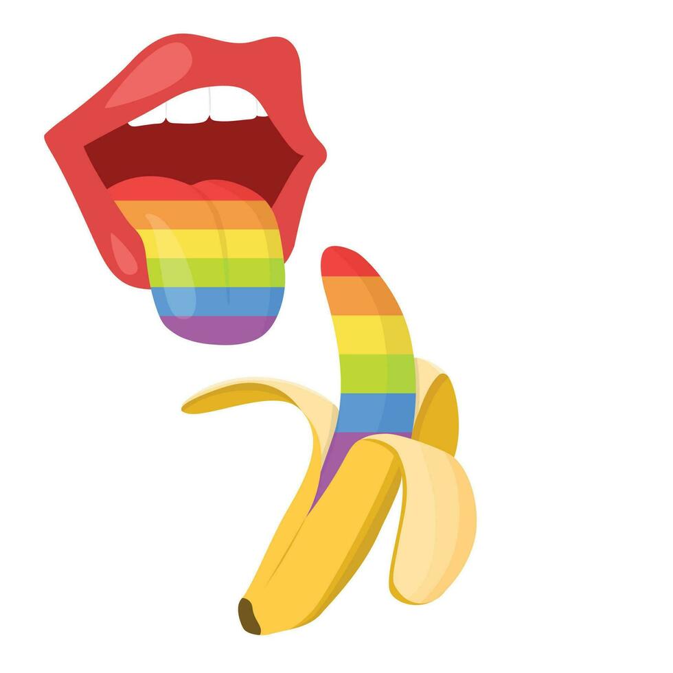 lgbt concepto. abierto boca con arco iris lengua y arco iris banana. lgbt igual derechos movimiento y género igualdad concepto. vector ilustración