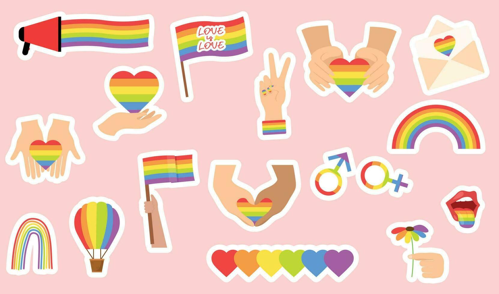 Collection of LBGTQ stickers. Set of clip art rainbow pride symbols. LGBT rights symbol. Isolated. Vector illustration