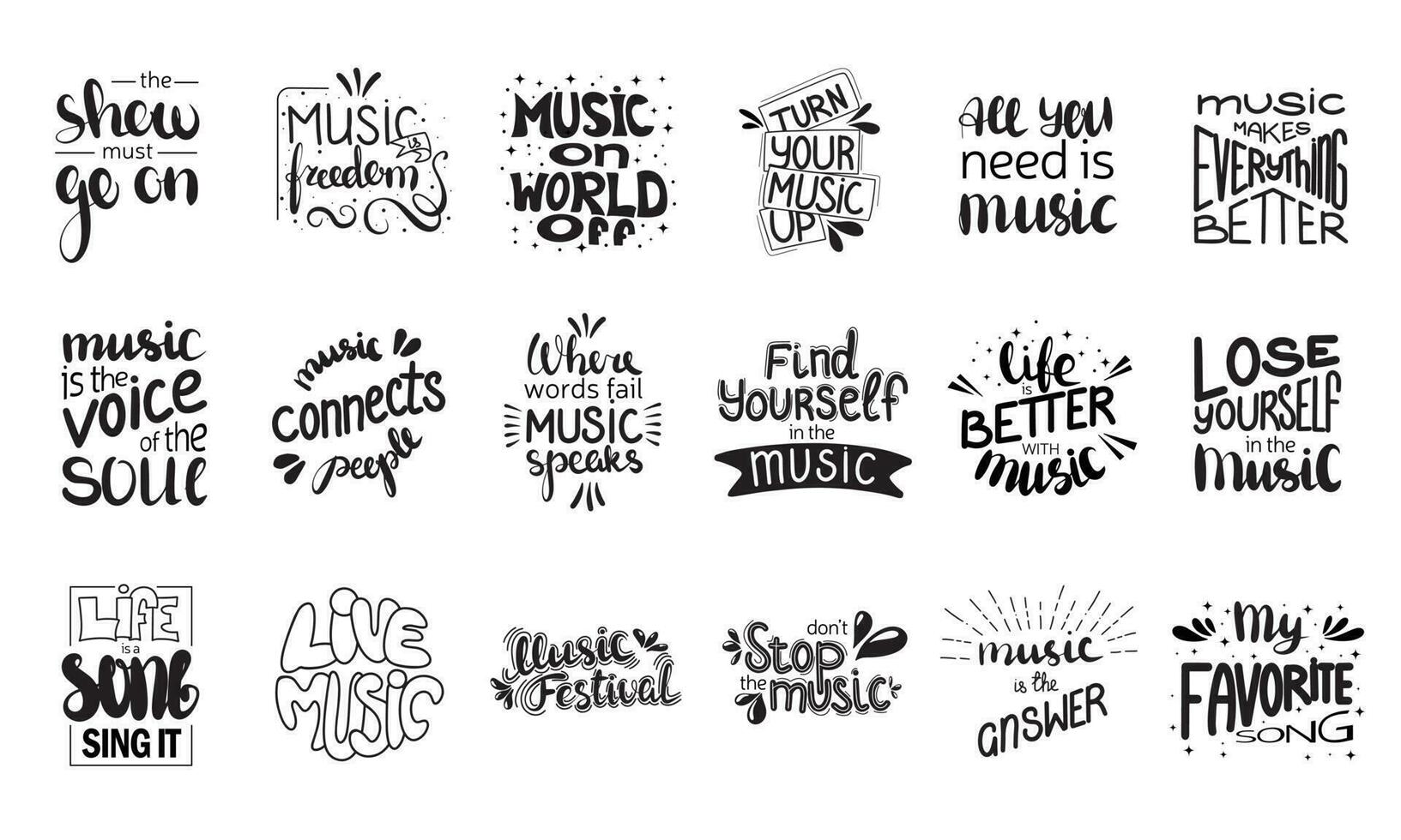 grande conjunto de música frases vector mano dibujado ilustración. letras frases idea para póster, tarjeta postal.