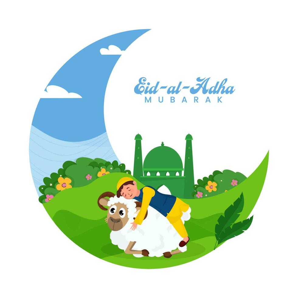 Eid-Al-Adha Mubarak Greeting Card With Islamic Boy Hugging Sheep, Mosque On Crescent Moon Shape Floral Background. vector