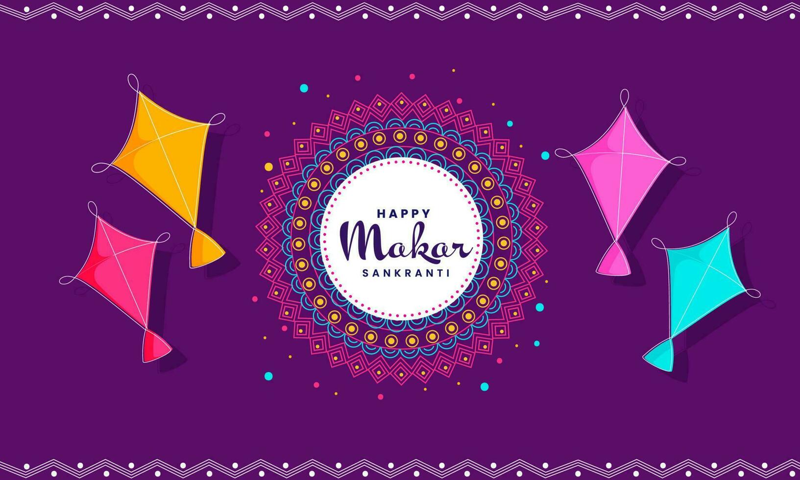 Happy Makar Sankranti Font Over Mandala Frame With Colorful Kites On Purple Background. vector