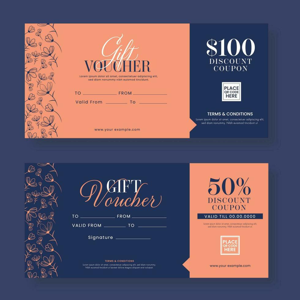 Editable Gift Voucher Or Coupon Banner Design In Blue And Peach Color. vector