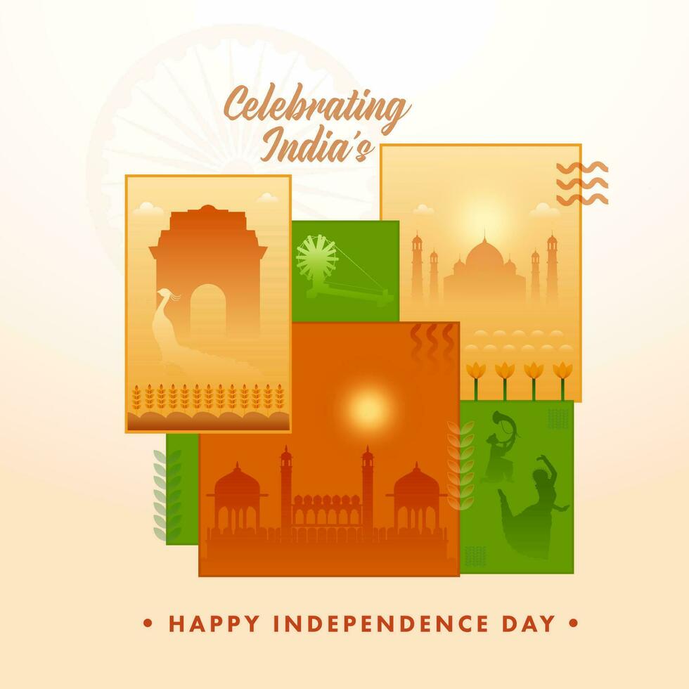 celebrando de la india independencia día concepto con hermosa varios imágenes de famoso Monumento y demostración su cultura terminado antecedentes. vector