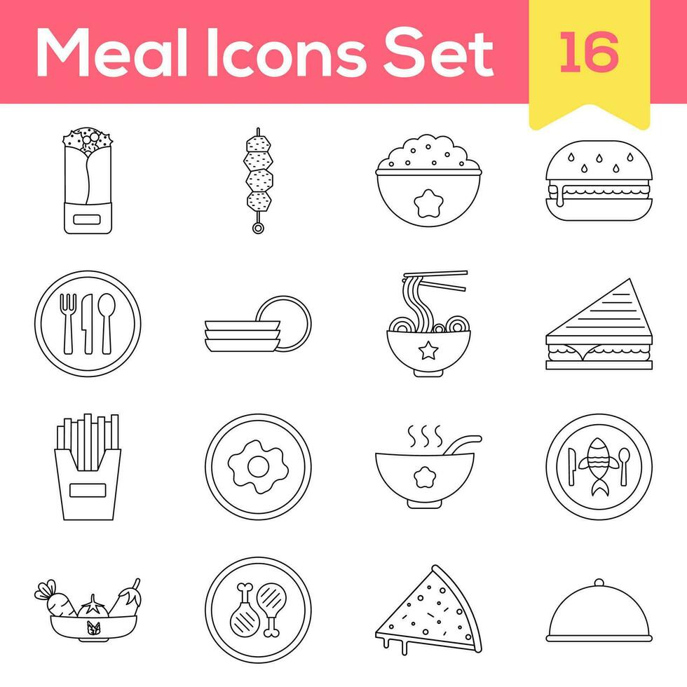 Black Line Art Illustration Of Meal Icon Set On White Background. vector