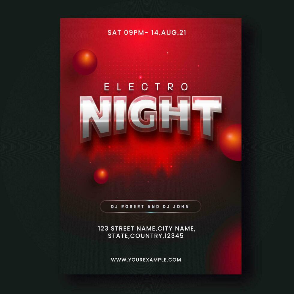 Electro Night Party Flyer Design With 3D Balls In Red And Black Color. vector