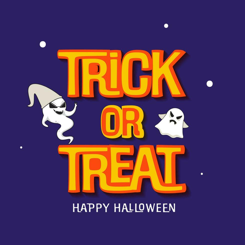 Sticker Style Trick Or Treat Font With Funny Ghosts On Purple Brush Stroke Background For Happy Halloween Concept. vector