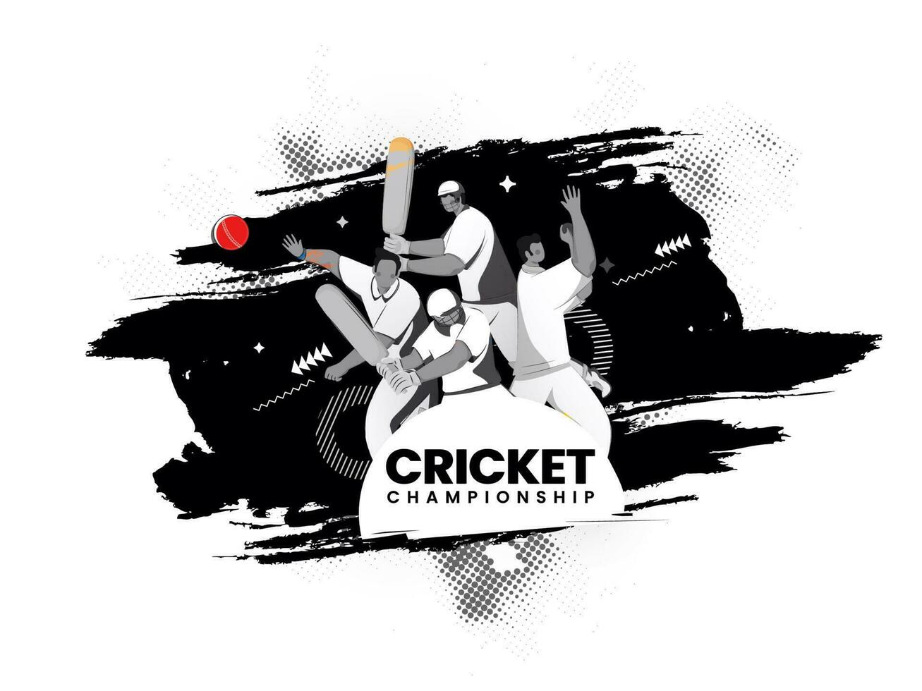 Cricket Player Team In Different Poses And Black Brush Stroke Effect On White Halftone Background. vector