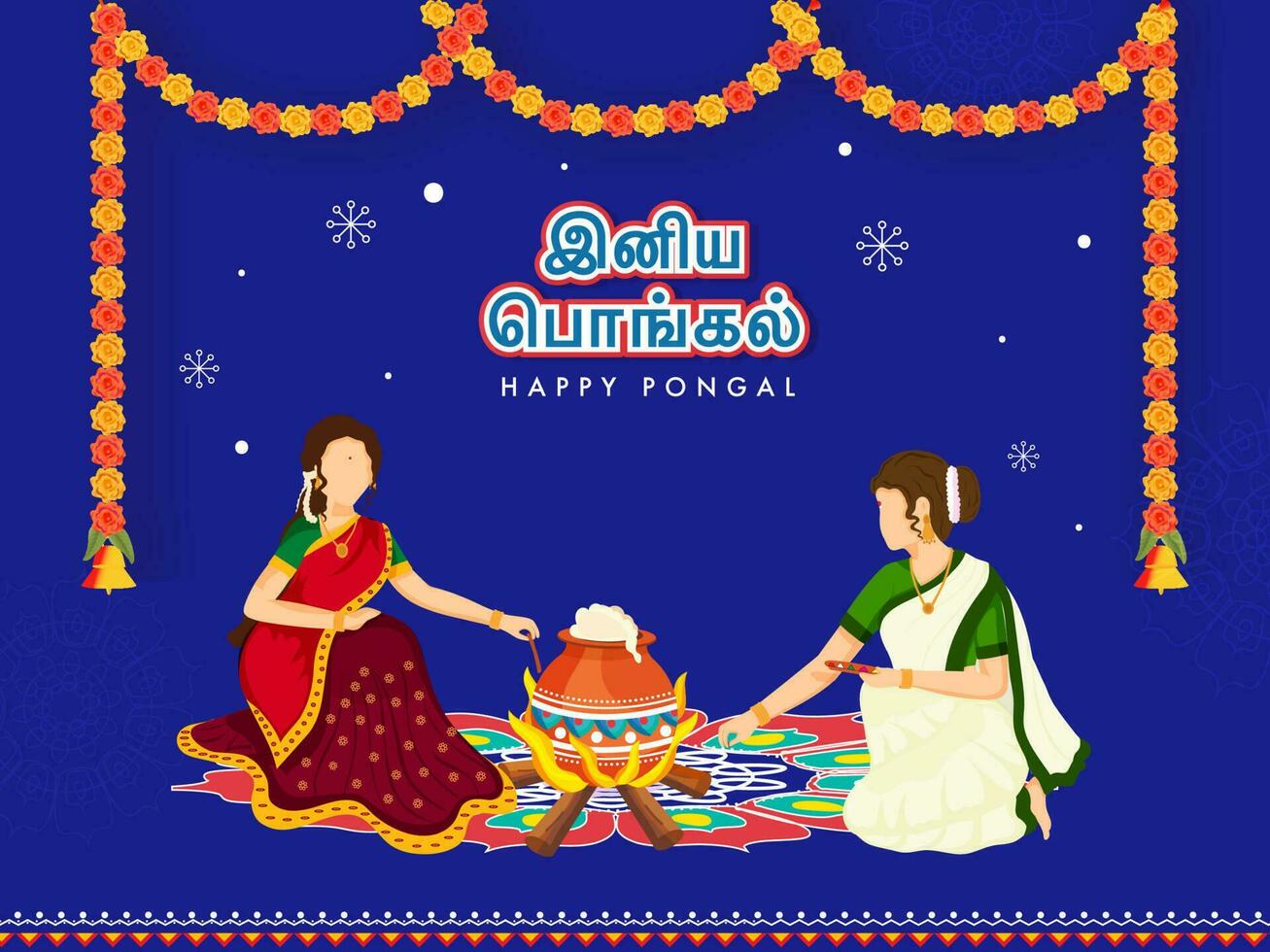 Sticker Style Happy Pongal Font In Tamil Language With Faceless South Indian Women Cooking And Making Rangoli On Blue Background. vector