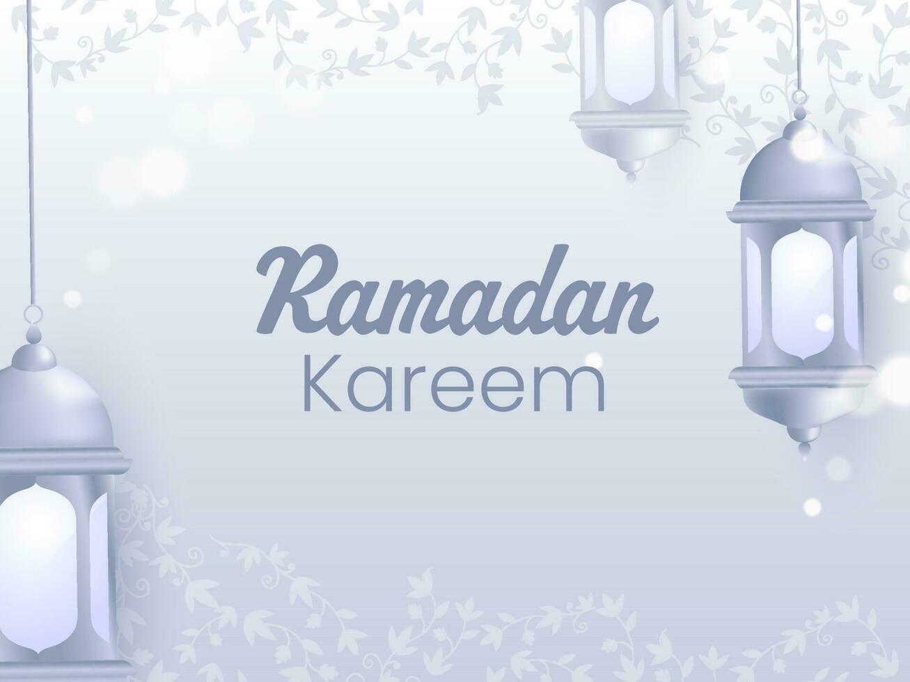 Ramadan Kareem Font With Hanging Lanterns And Leaves Decorated On Gray Background. vector