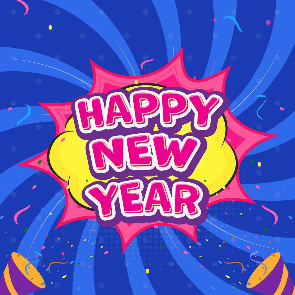 Sticker Style Happy New Year Font With Exploding Party Poppers On Colorful Pop Art Style Background. vector