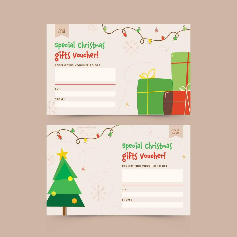 Christmas Gift Voucher Design With Xmas Tree, Gift Boxes In Two Options. vector