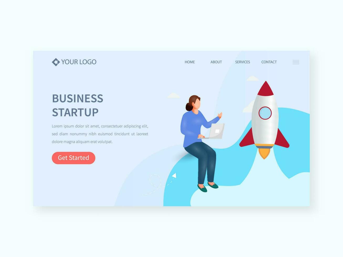 Business Startup Landing Page Or Hero Banner With Cartoon Woman Working At Laptop And Successful Launching A Project Of Rocket. vector