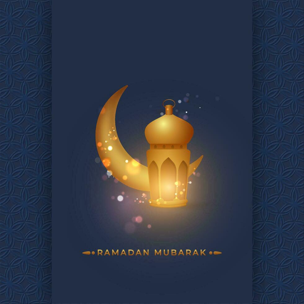 Golden Crescent Moon With Lit Lantern And Bokeh Effect On Blue Islamic Pattern Background For Ramadan Mubarak Concept. vector