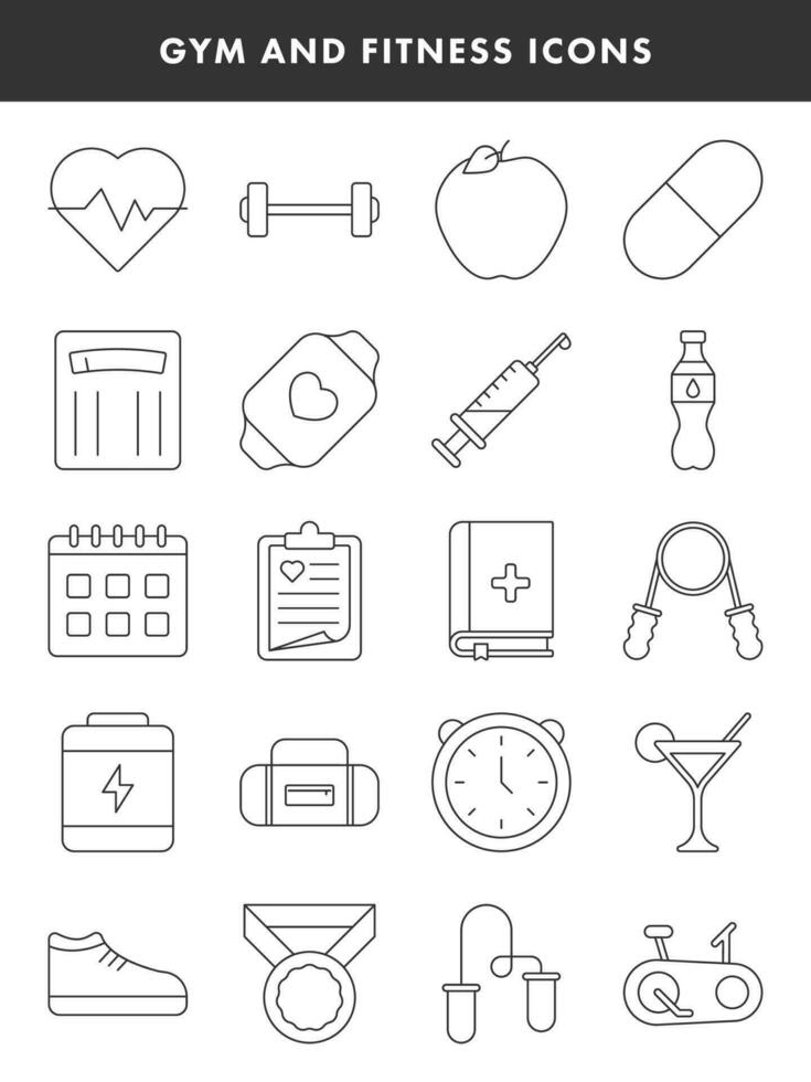 GYM And Fitness Icons Set In Black Line Art. vector