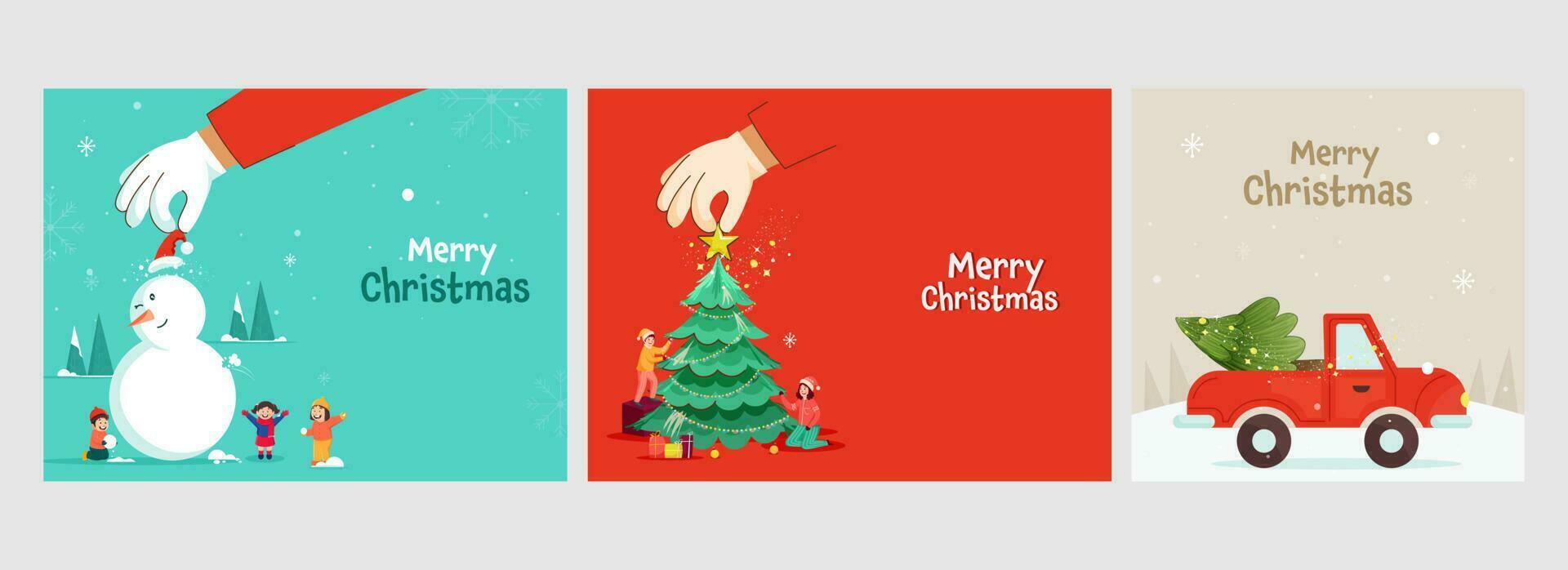 Merry Christmas Poster Or Greeting Card With Festival Elements In Three Color Options. vector