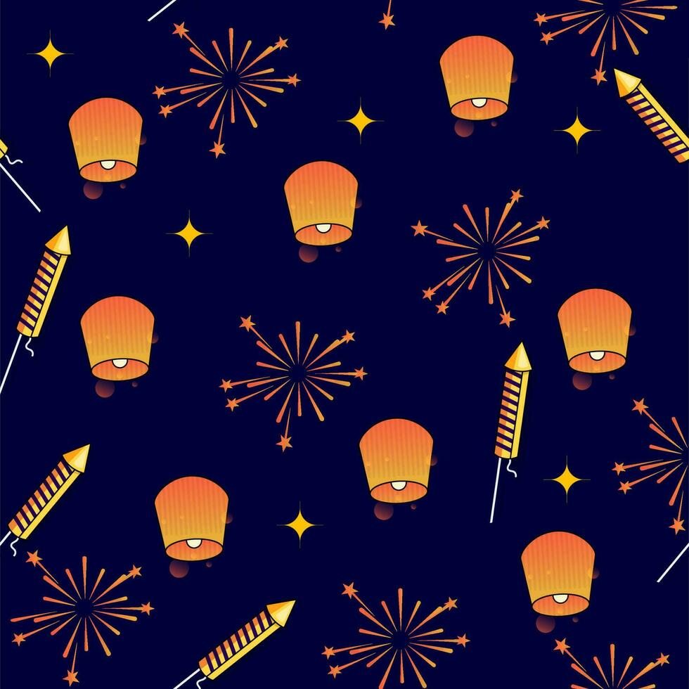 Blue Fireworks Background Decorated With Firecracker Rocket And Sky Lanterns. vector