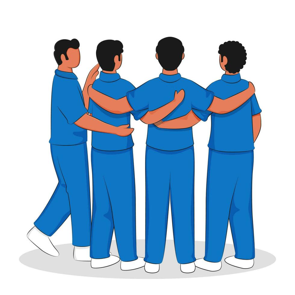 Back View Of Cricket Players Huddle Together On White Background. vector