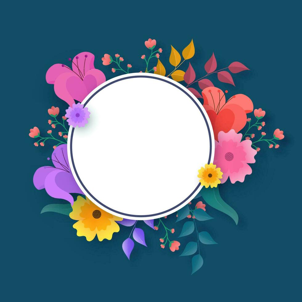 Empty White Circular Frame Decorated With Floral On Blue Background. vector